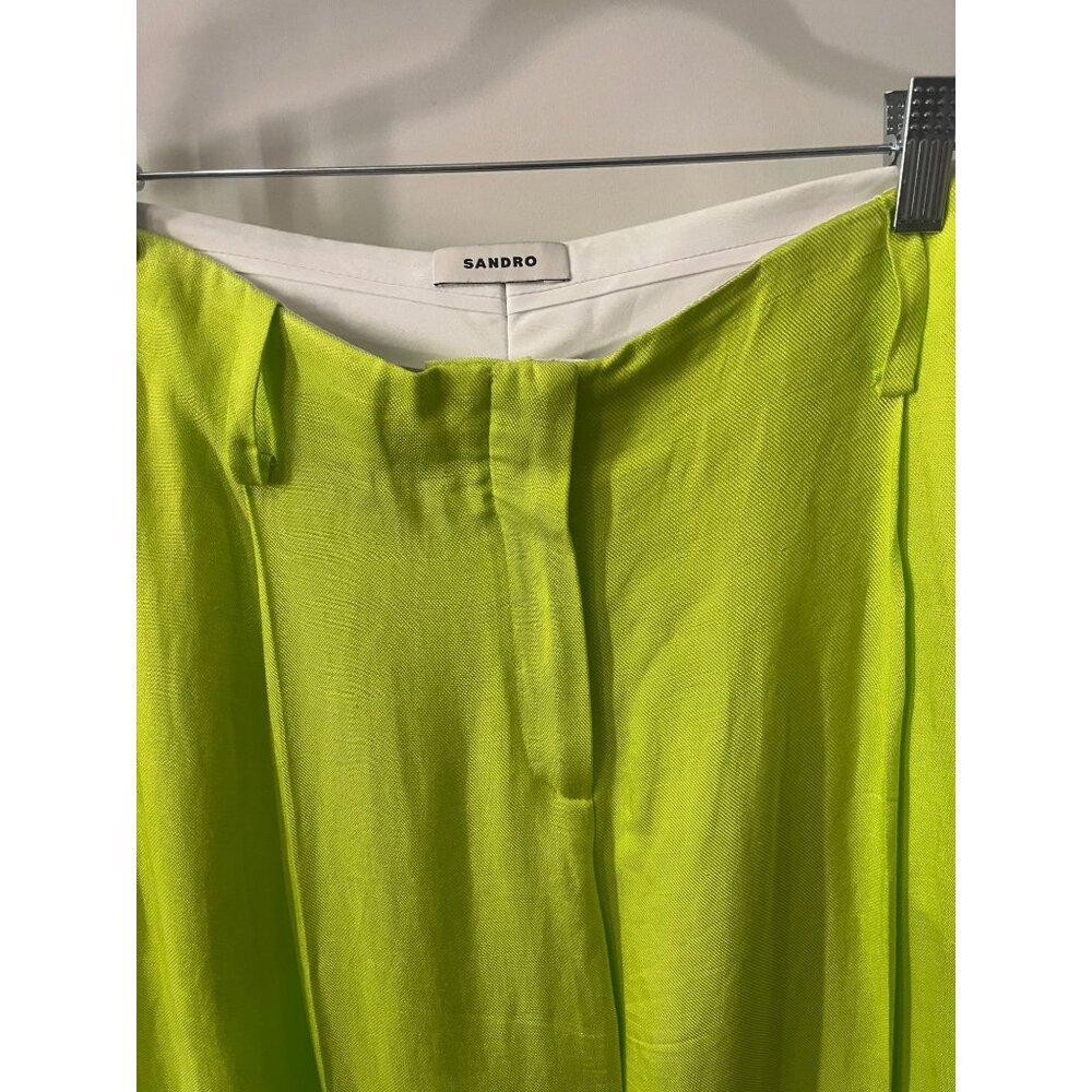 SANDRO PARIS Deauville Pleat Wide Leg High Waist Pants Lime Green Size 38 (6) - Picture 5 of 12